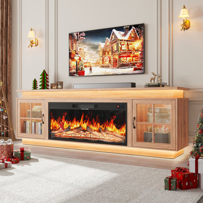 80.7"W Modern Farmhouse Fireplace TV Stand for TVs up to 90" with 40" Electric Fireplace, Charging Station & LED Light, Storage Cabinets with Adjustable Shelves for Living Room