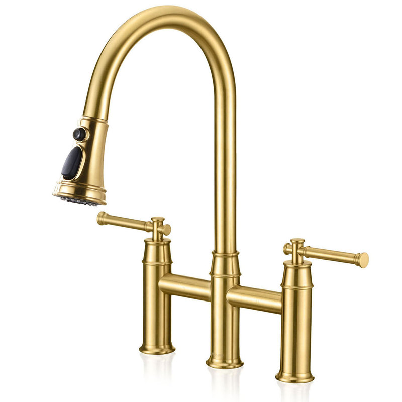 Pull Down Bridge Kitchen Sink Faucet, Two Handle Kitchen Faucet, Gold