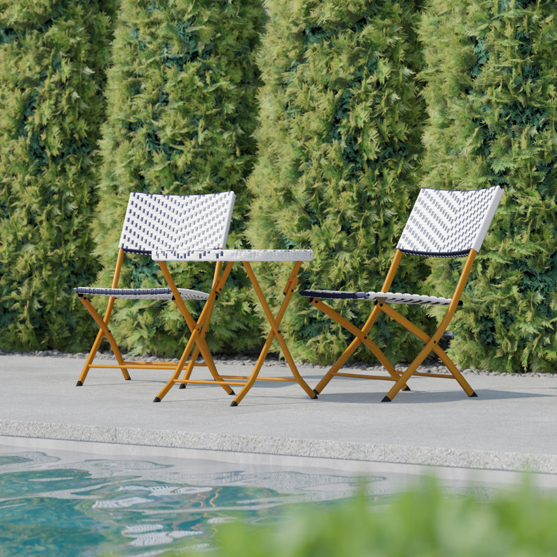 Three Piece Folding Set in PE Rattan with Metal Frames for Indoor and Outdoor Use, Navy/White/Gold