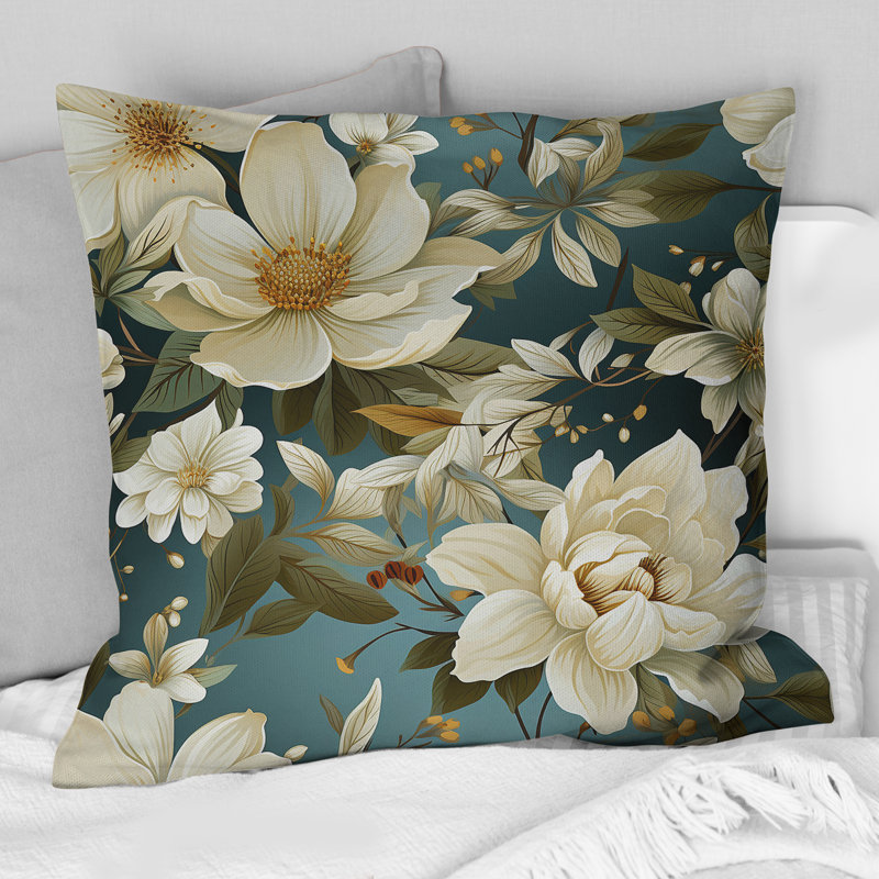 Coussin décoratif imprimé floral blanc et vert I, H 18 po x l 18 po
