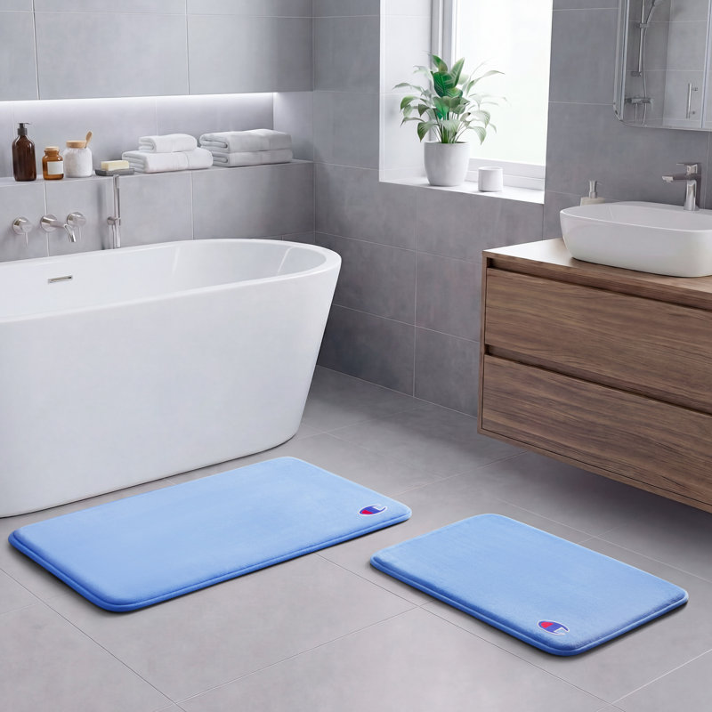 Champion Logo Patch Memory Foam 17 in. x 24 in. and  20 in. x 32 in. Bath Mat, Light Blue