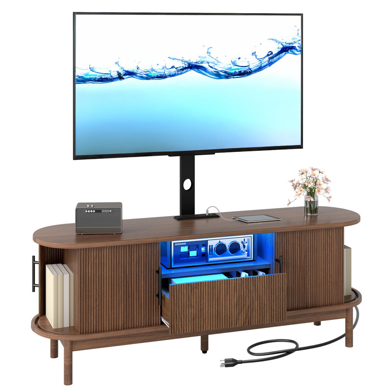  Meuble télé moderne à DEL avec support et support de charge, Brun, H 55 po x l 60 po x P 15,4 po