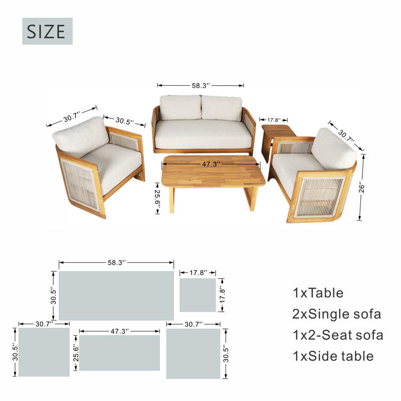 Ensemble de conversation d'extérieur en bois d'acacia avec coussins crème Buie