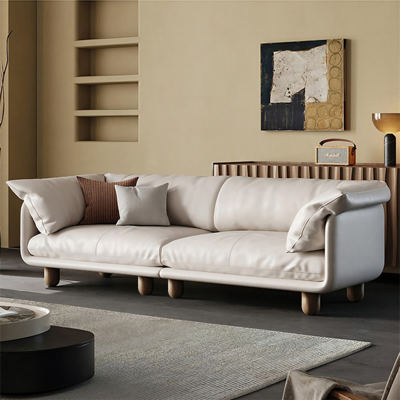Causeuse-coussin modulaire en cuir véritable blanc crème, 33.46" H x 86.61" W x 39.37" D