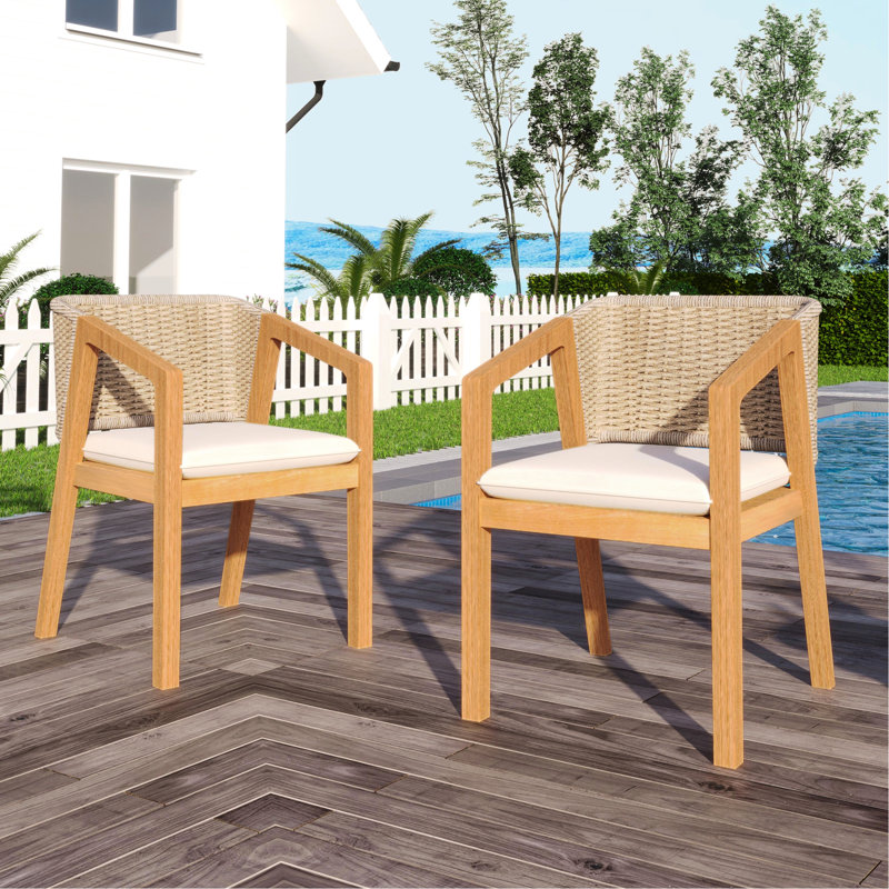 2 chaises de patio en bois - construction stable avec siège et dossier respirant avec coussin de corde solide et imperméable pour l'extérieur