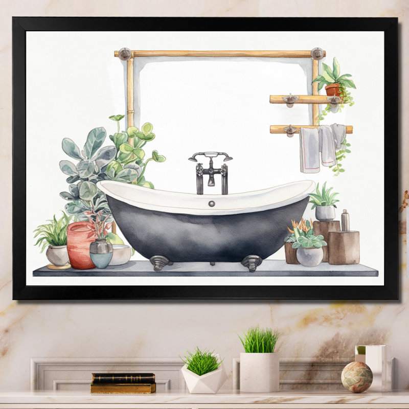 «Natural Bathroom Decor II», reproduction sur toile, Cadre simple noir, H 34 po x l 44 po x P 1,5 po
