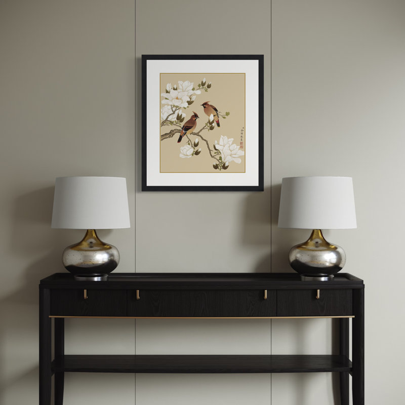 Magnolia and Rosefinches by Yu Zhi - Single Picture Frame Print, 17.5" H x 13.5" W x 0.94" D, Black