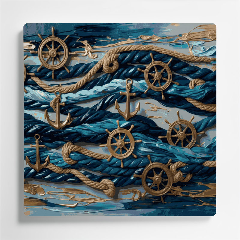 Art mural en métal gris, éléments nautiques simplifiés, H 12 po x l 12 po