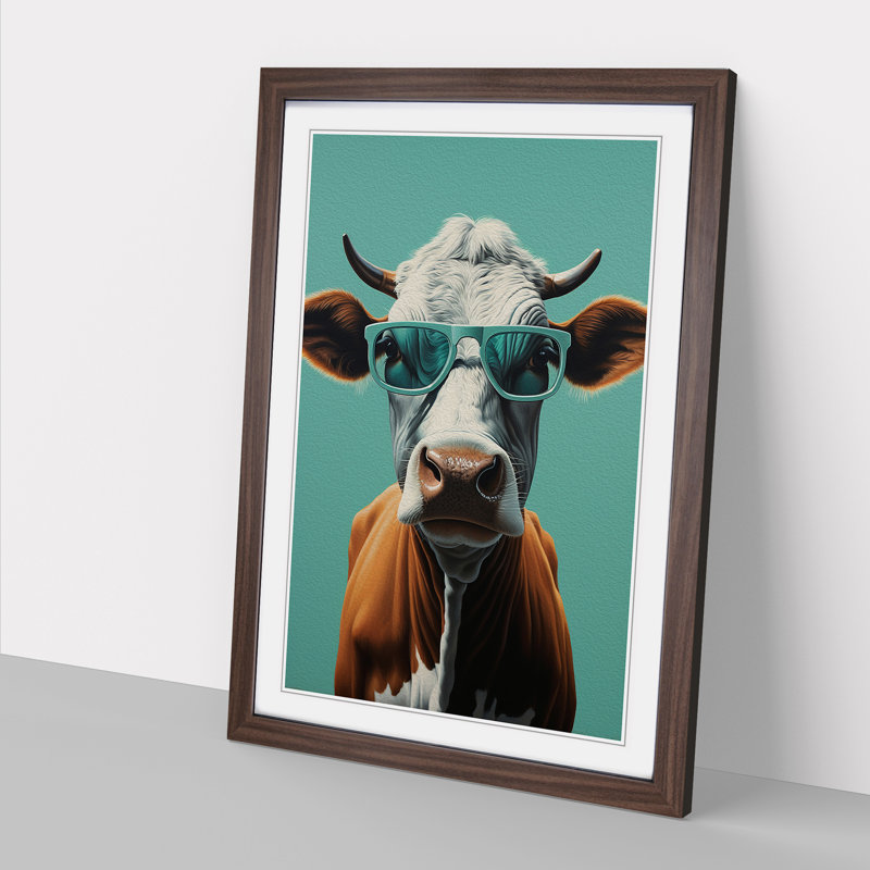 Cow With Glasses Painting Framed Print, 46cm H x 34cm W, Walnut Framed