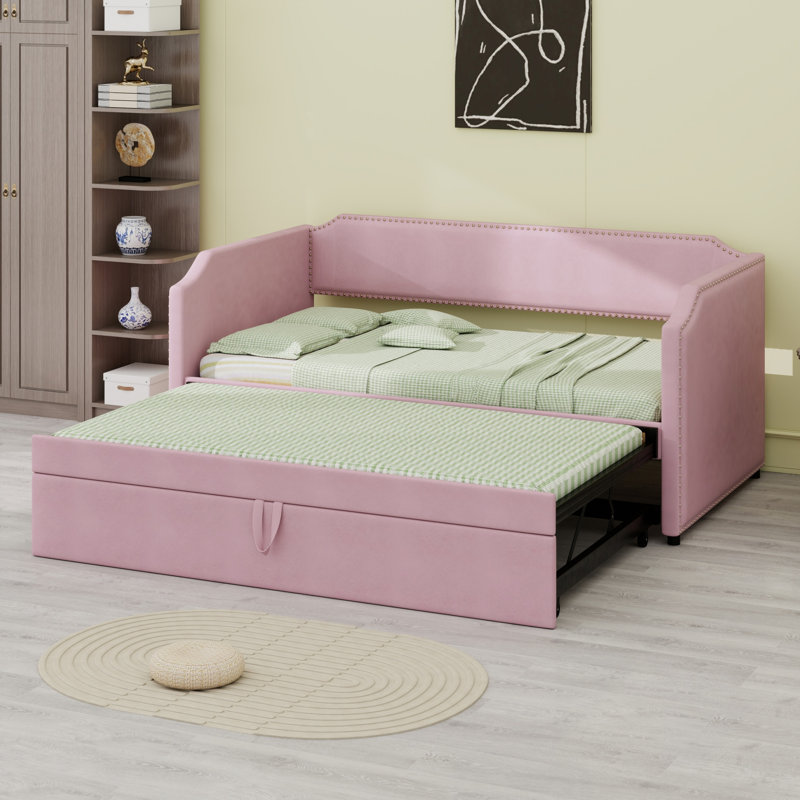 Velvet Upholstered Daybed With Pop Up Trundle, Pink