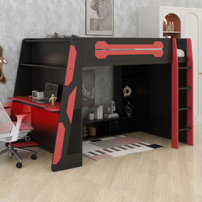 Lit mezzanine en bois avec bureau, tablettes multiples et lumière RVB, Rouge