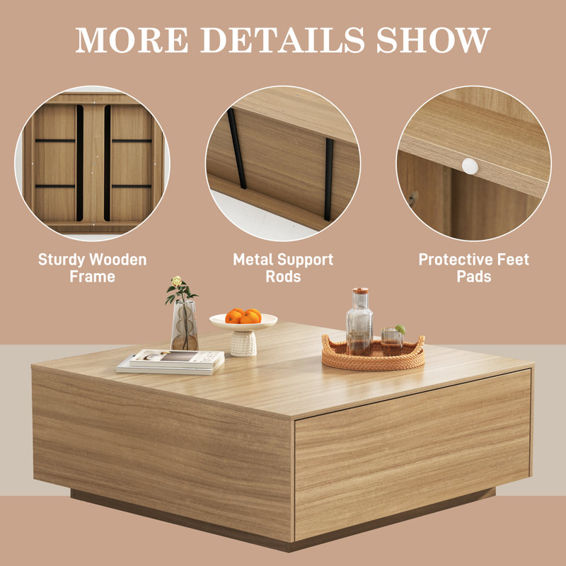 Oak Square Coffee Table with Metal Accents and Storage Drawers