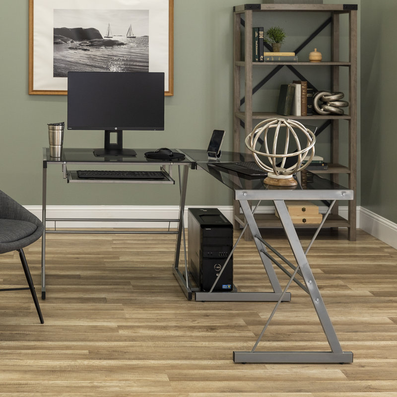 L-Shaped Glass Top Metal Base Computer Desk, Smoke/Silver