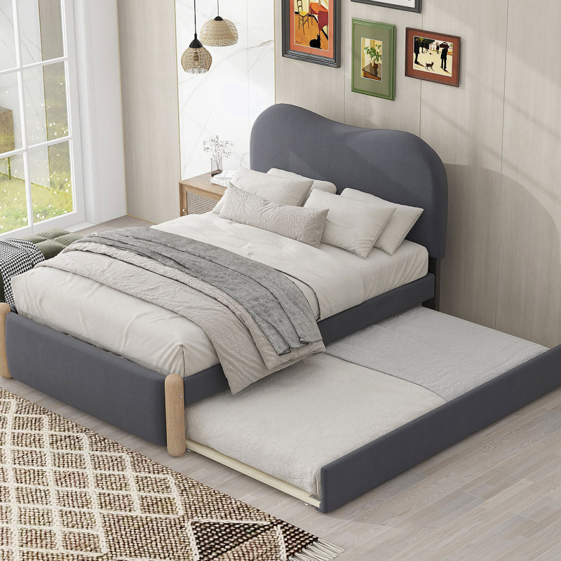 Lit plateforme tapissier avec pieds de support en bois et lit gigogne simple, gris, Simple