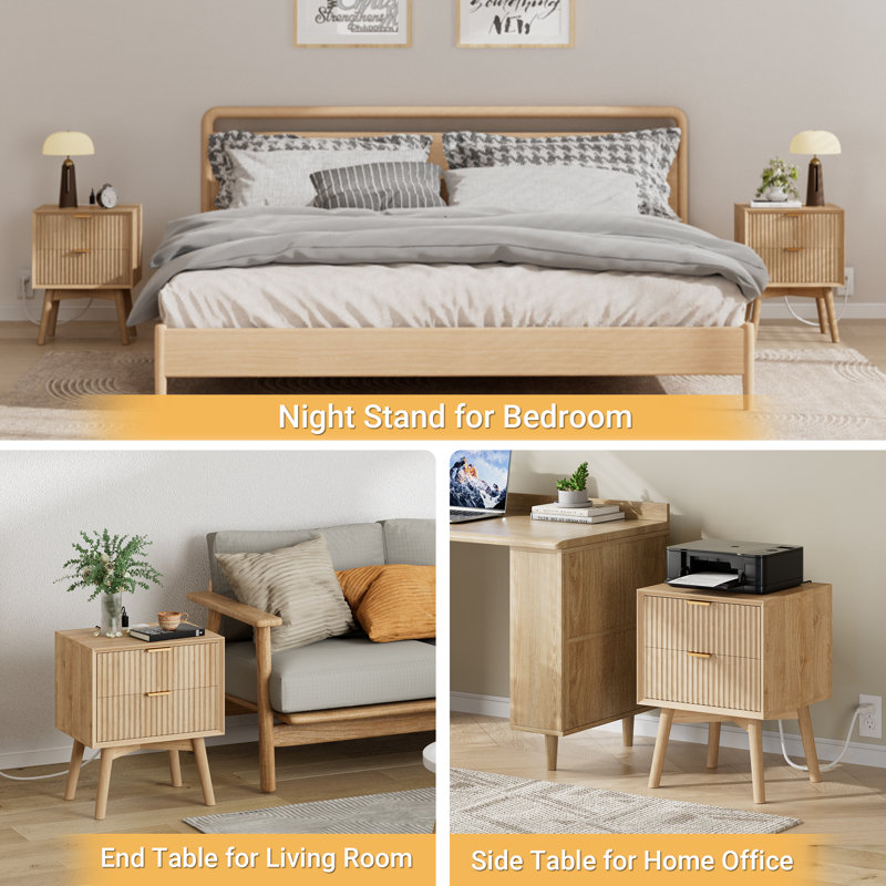 18" Fluted Nightstand Set of 2 with Charging Station,  Beveled Profile & Solid Wood Legs, 2 Drawers End Table, Beige