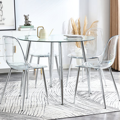 Table de salle à manger ronde en verre trempé transparent et 4 chaises en plastique, pieds de chaise cruciforme argentés, patins de pieds glissants, apparence épurée, intérieur