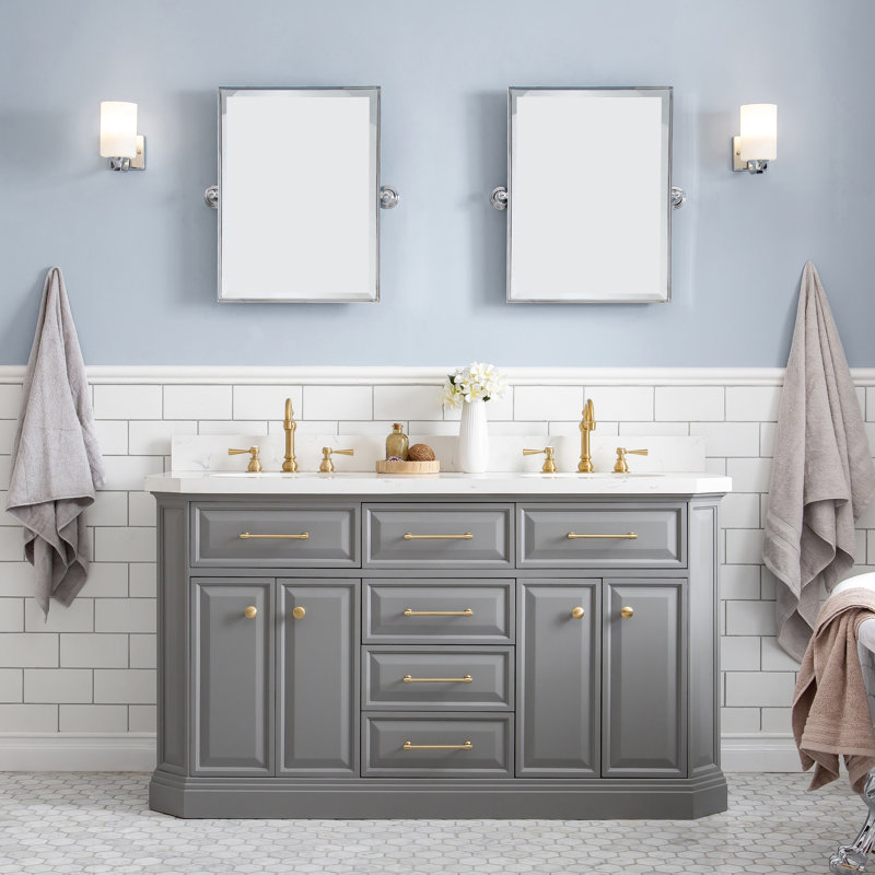 Palace 60'' W Double Vanity, Satin Brass, Cashmere Gray