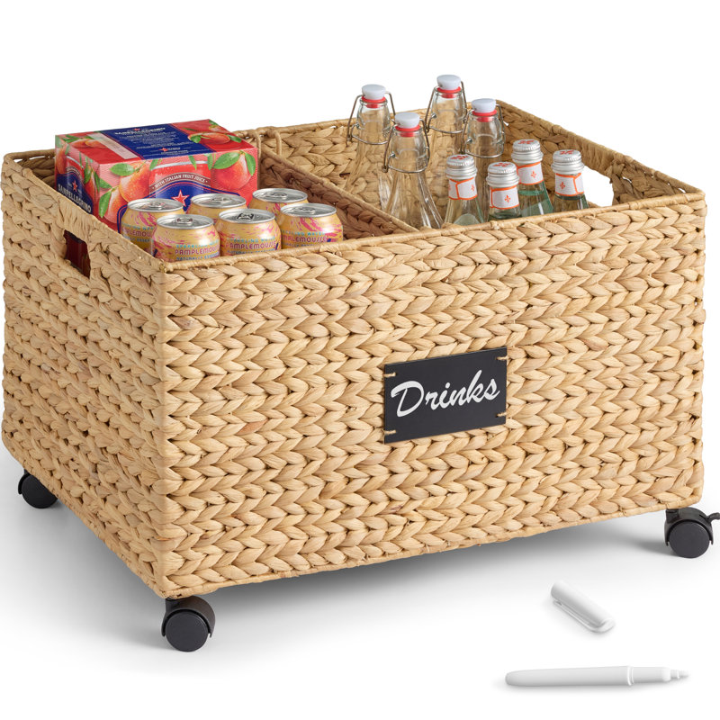  Rolling Pantry Storage Basket Organizer W/ Chalkboard Label, Handles, Removable Divider - Natural, Natural