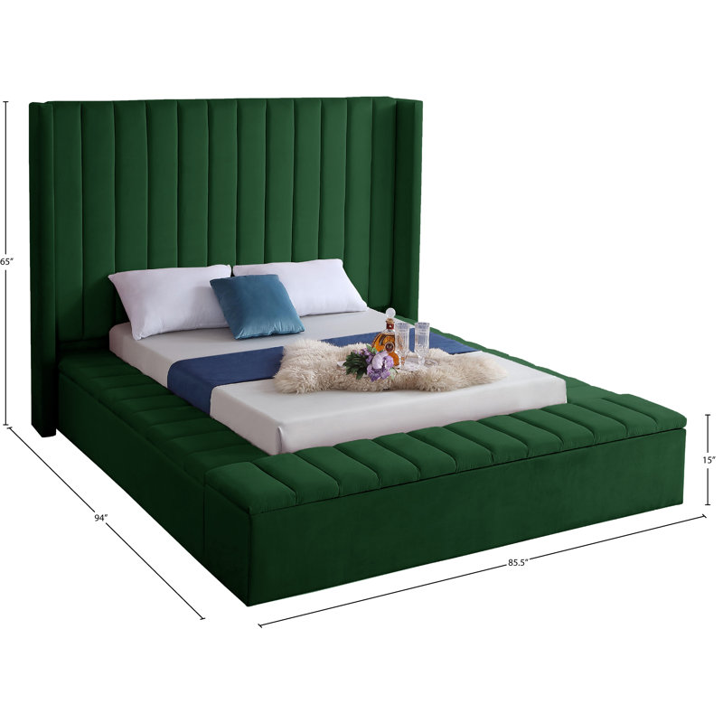 Rick Upholstered Wingback Bed, Full, Green Velvet