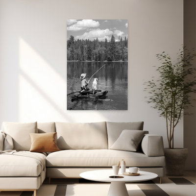 1950S Boy Huck Finn Style On Homemade Raft With Dog Fishing In Lake Classic Retro Vintage Dog Fish Animal Art