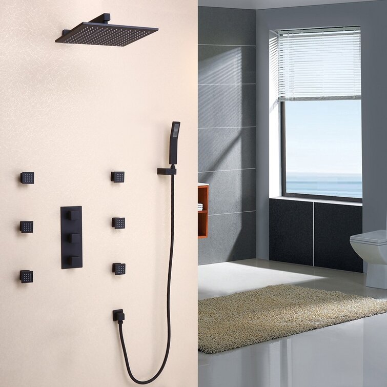 12 Matte Black Wall Mounted Rain Shower System with Rainfall Shower Head  Solid Brass