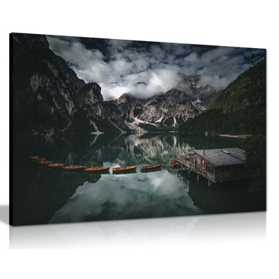 Snowy Mountain Reflection On Lake Braies - Wrapped Canvas Art Prints