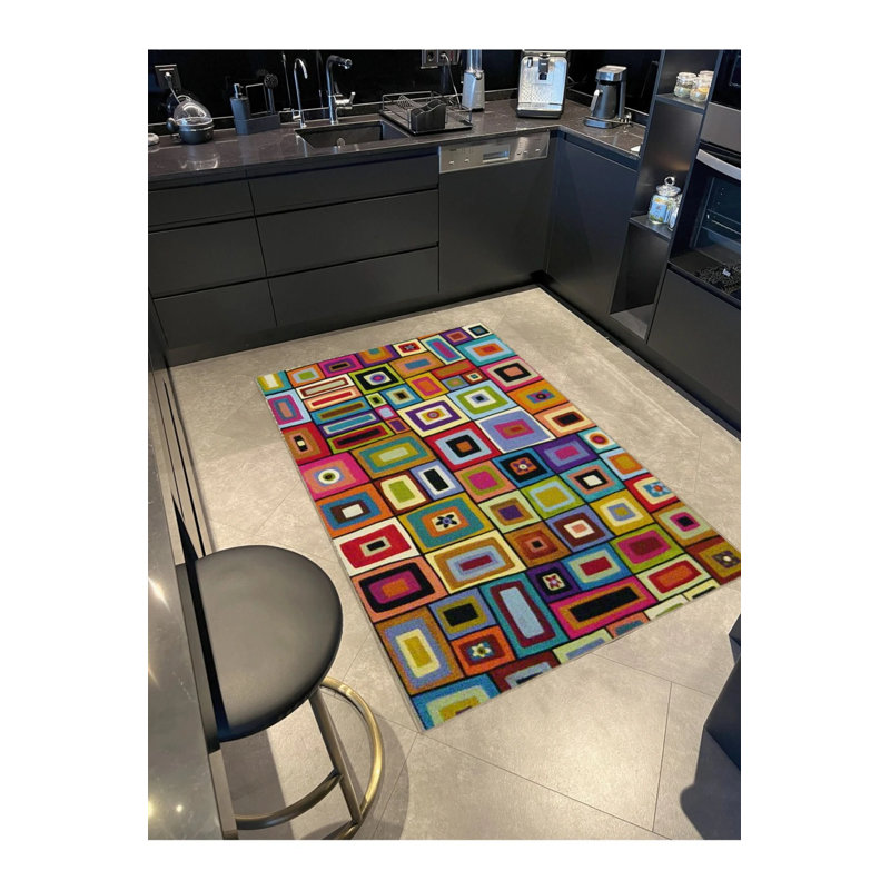 Multicolored Geometric Interlocking Square Patterned Modern Decorative Carpet, Rectangle 5' x 9'11"
