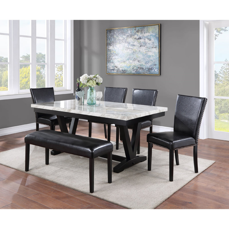 Table de salle à manger moderne moderne en faux marbre et noir avec table en V et tréteaux