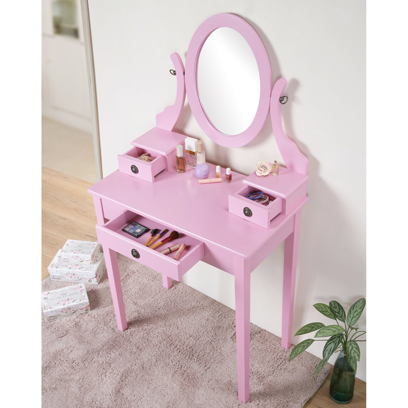 Coiffeuse rose avec 3 tiroirs - Miroir ovale réglable, tabouret en bois inclus, rangement de bureau contemporain, tiroir, bois