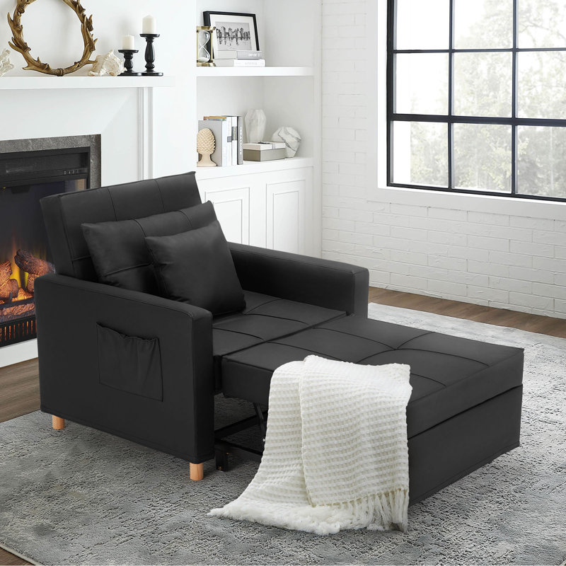 Fauteuil convertible en cuir véritable capitonné de 40 po de large Seamus, Similicuir noir