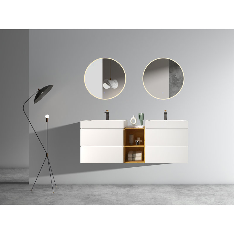 U096-ALICE72W-102 Meuble-lavabo avec double vasque et tablette ouverte Alice, Blanc, Blanc, 60"