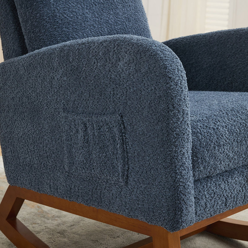 Boucle Fabric Rocking Chair with Retractable Footrest, Side Pocket, Navy