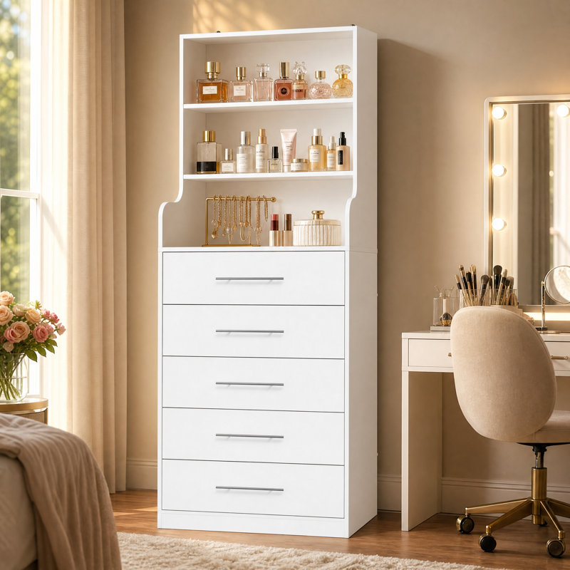Commode en stratifié blanche à 4 tiroirs l 31,9 "x H 75,6" avec tablettes ouvertes