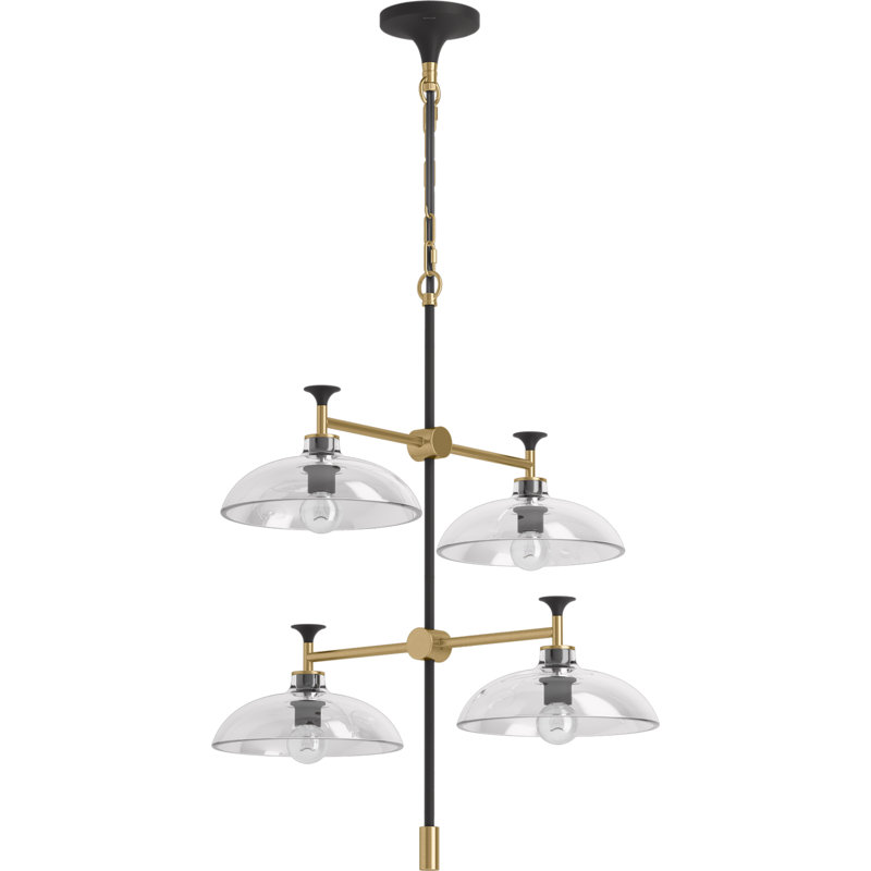 Tone 4 Light Chandelier with Domed Glass Shades, 24" Length, Black/Brass