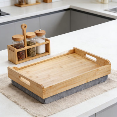 Bureau en bambou avec coussin amovible - plateau de lit portable pour manger, travailler sur ordinateur portable et bricoler sur un canapé, un fauteuil inclinable ou une voiture, avec un design antidérapant et des bords surélevés