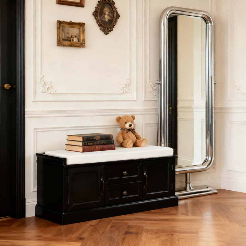 Storage Bench with 2 Drawers and 2 Cabinets, Shoe Bench with Removable Cushion, Black