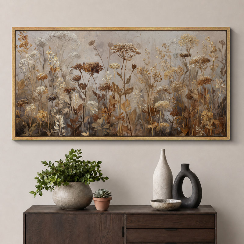 «Neutral Toned Dried Wildflowers Field», reproduction d'art sur toile encadrée, H 30 po x l 60 po x P 1,5 po