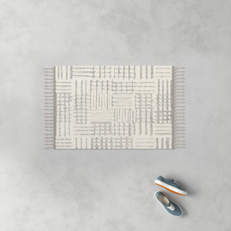 Benjamin Geometric Hand Knotted Ivory/Sky Area Rug, Rectangle 2' x 3'