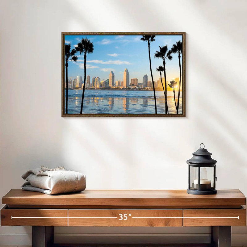 Horizon du centre-ville de San Diego, 19 po x 13 po, Cadre flottant noyer