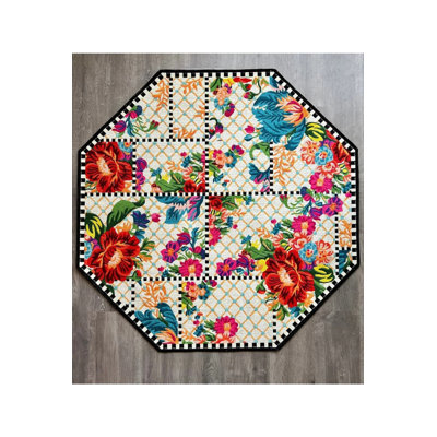 White Floral Floret Checkered Octagon Carpet