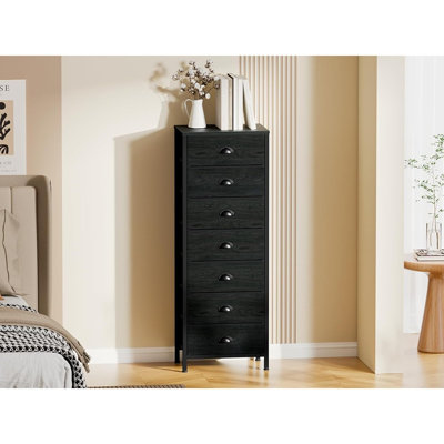 Commode noire à 7 tiroirs en tissu – Tour de rangement haute avec structure en acier robuste et plateau en bois pour chambre, garde-robe et dortoir