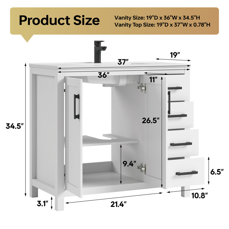Meuble-lavabo simple autoportant avec plateau en composite Korde, 37", Blanc
