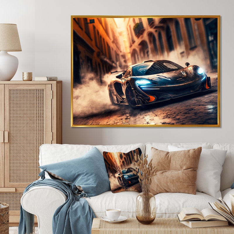 «Futuristic Bugatti Sports Car Racing IV», reproduction sur toile, Cadre flottant doré, H 12 po x l 20 po x P 1 po