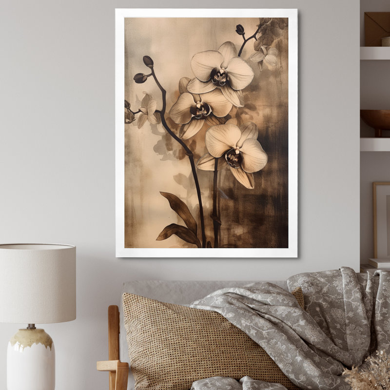 Orchidées exotiques brunes sur toile, H 40 po x l 30 po x P 1,5 po, Cadre simple blanc