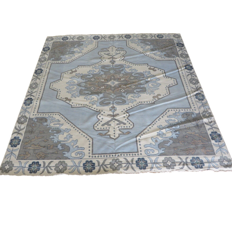 13 x 13 Square Hand Knotted Sky Blue Geometric Oushak Oriental Rug 468D26FB24FC42BE9D7A0A889C7A4E0B