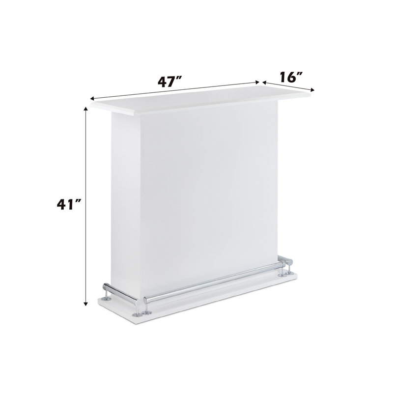 Table de bar cerf-volant à finition blanche brillante avec 6 rangements fixes, structure en bois, repose-pieds en métal, capacité de 100 lb, 47 po de largeur, 41 po de hauteur, rangement à l'arrière, base et repose-pieds