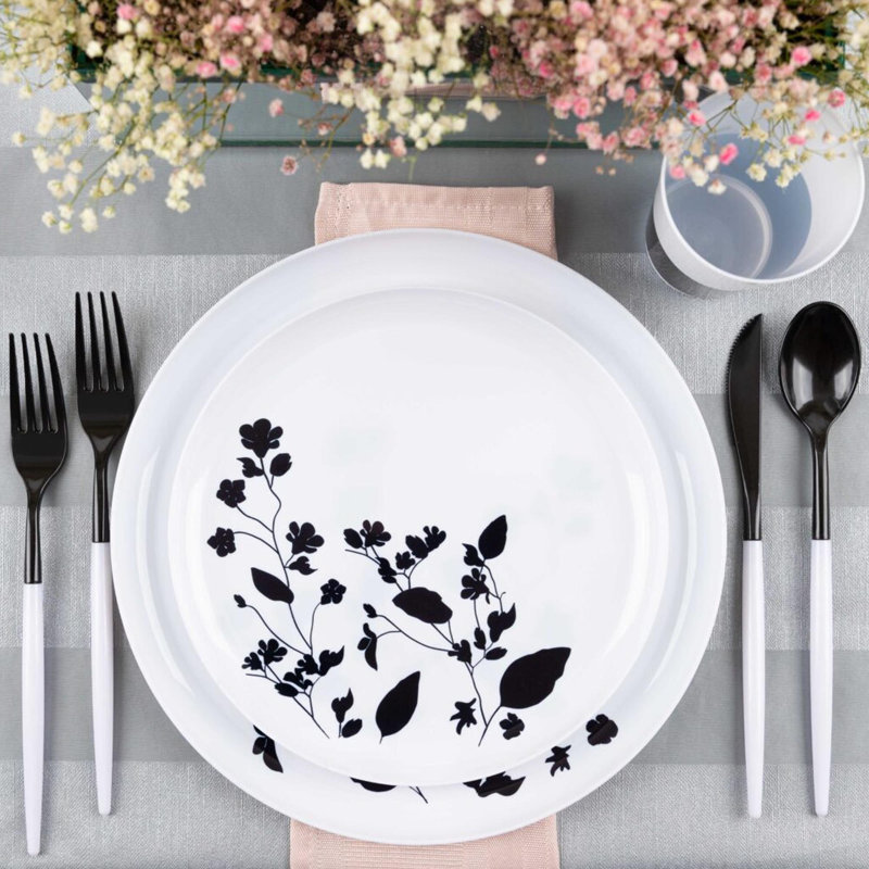 Assiettes rondes en plastique blanches 10,6 pouces Ecoqualité avec motif de jardin noir 50 personnes, 50