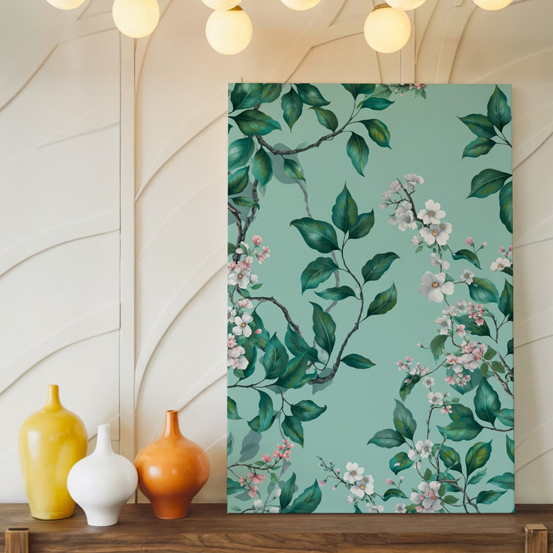 Toile, illustration botanique sereine avec branches complexes et art mural vert luxuriant, feuilles contre une menthe douce, art mural sur toile