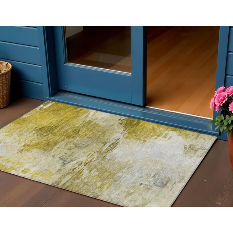 3' X 5' Gold Beige And Wheat Abstract Washable Indoor Outdoor Area Rug