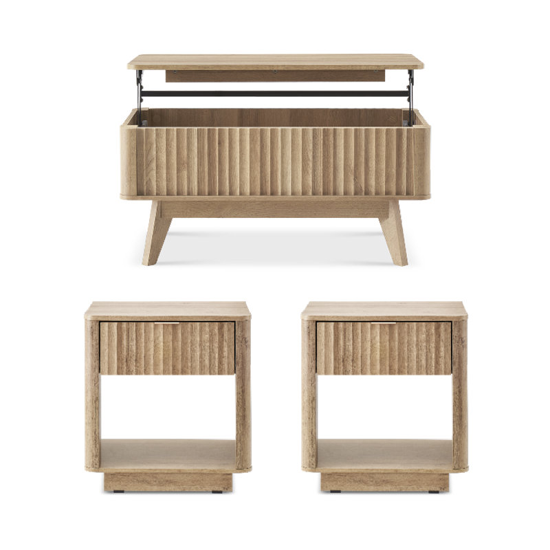 Tables d'appoint Brooklyn (paire) + table basse à plateau relevable, ensemble chêne doré, Bois de chêne